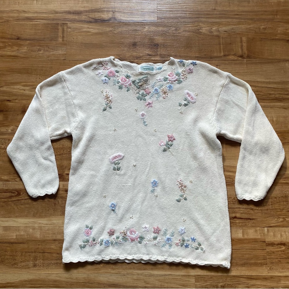 VTG Shenanigans L Cream Embellished Beaded Knit Cottagecore Granny Sweater: Read